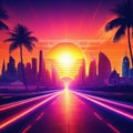 retro Retro futuristic background Road to the city at sunset Digital retro cityscape summer