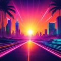 retro Retro futuristic background Road to the city at sunset Digital retro cityscape summer