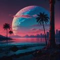 a colorful sunset with palm trees and a city in the background Retro Reverie A Vaporwave Collage