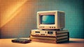 Retro Revolution: A Halftone Computer on a Stack of Old Tapes  generative AI Royalty Free Stock Photo
