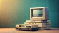Retro Revolution: A Halftone Computer on a Stack of Old Tapes  Generative AI Royalty Free Stock Photo