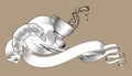 Retro ribbon banner with falling coffee cup, spilling water, saucer, plate, spoon and bagel