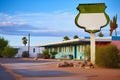 Retro road local street motel over rural scene of desert road. Generative AI