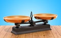 Retro Roberval balance, scales on the wooden table. 3D rendering Royalty Free Stock Photo