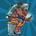 Retro robot astronaut in the thinker pose reads smartphone Royalty Free Stock Photo