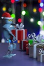 Retro robot in christmas hat,christmas celebration,put the box,3d render