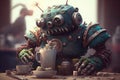 Retro robot drinks coffee in cafe. Hipster robot relaxes and enjoys the drink. Generative AI