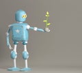 Retro robot hold plant,droid with sprout,3d render