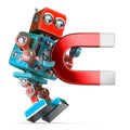 Retro robot holding a big magnet. 3D illustration. Isolated. Con Royalty Free Stock Photo