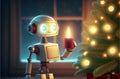 Retro robot holding lit candle in front of decorated Christmas tree. Generative AI illustration