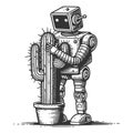Retro robot hugging a cactus raster illustration