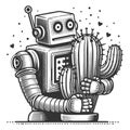 Retro robot hugging a cactus vector illustration