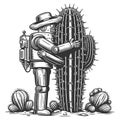 Retro robot hugging a cactus vector illustration