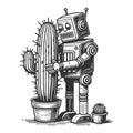 Retro robot hugging a cactus vector illustration