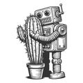 Retro robot hugging a cactus vector illustration