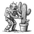 Retro robot hugging a cactus vector illustration