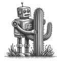 Retro robot hugging a cactus vector illustration