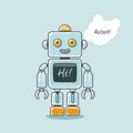 Retro robot isolated on light blue background with word `Hi!` on the screen Royalty Free Stock Photo