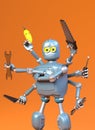 Retro robot with many tools,octopus,robot handyman,3d render Royalty Free Stock Photo