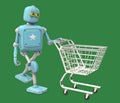 Retro robot moving empty shopping cart, 3D video render cartoon style