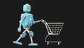 Retro robot moving empty shopping cart, 3D video render cartoon style