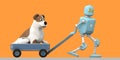 Retro robot pulling a dog on a cart, 3D video render, cartoon style, on orange background, alpha channel Royalty Free Stock Photo