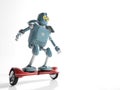 Retro robot rides on a gyroscope hoverboard isolate on white 3d