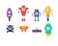 Retro robot set in flat style, vintage cute robots. Toy Royalty Free Stock Photo