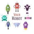 Retro robot set in flat style, vintage cute robots. Toy