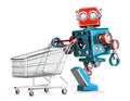 Retro robot with shopping cart. . Contains clipping path