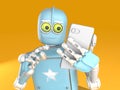 Retro robot sits and reads smartphone. New technologies and progress. 3d render