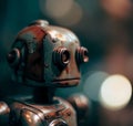 Retro robot toy on blurred background. Vintage style toned picture, generate by ai .