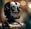 Retro robot toy on blurred background. Vintage style toned picture, generate by ai .