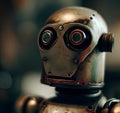 Retro robot toy on blurred background. Vintage style toned picture, generate by ai .