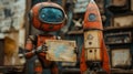 Retro Robot with Vintage Rocket and Exploration Map Royalty Free Stock Photo