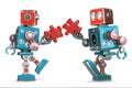 Retro Robots assembling jigsaw puzzle pieces. Isolated. Contains clipping path