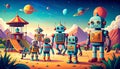 Retro robots in a futuristic playground Royalty Free Stock Photo
