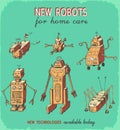 Retro robots vector hand drawing set animation 1950-60 style color