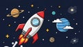 Retro rocket launching into space with planets and stars in background Royalty Free Stock Photo