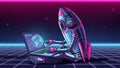 Retro Rocket Robot Coding on Laptop, 80s Sci-Fi Style Royalty Free Stock Photo