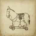 Retro rocking toy donkey or horse on wheels sketch vector illustration. Vintage toys drawn by hands sketch ink pen on a Royalty Free Stock Photo