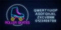 Retro roller skates glowing neon sign in circle frame with alphabet. Skate zone symbol in neon style Royalty Free Stock Photo