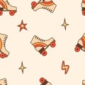 Retro roller skates with stars in comic style. Vintage background with rollerblades. Cartoon seamless pattern with 70s Royalty Free Stock Photo