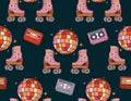 Retro rollers skates cassette headphones disco groovy funky seamless pattern