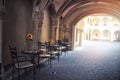 Retro romantic cafe in a small street with sunflower on table