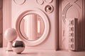 Retro room interior in 1950s 1960s style. Vintage fashion house with light pink colors. Futuristic modern apartment. Generative AI