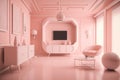 Retro room interior in 1950s 1960s style. Vintage fashion house with light pink colors. Futuristic modern apartment. Generative AI