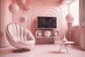 Retro room interior in 1950s 1960s style. Vintage fashion house with light pink colors. Futuristic modern apartment. Generative AI