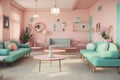 retro room with pastel color scheme and plush furniture, bringing back the nostalgic vibes of the 50s