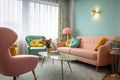 retro room with pastel color scheme and plush furniture, bringing back the nostalgic vibes of the 50s